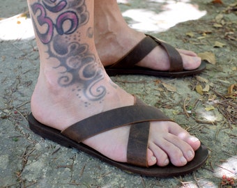 Slides Greek Leather sandals Men, Brown Color, Gift For him