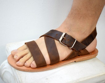 Mannen handgemaakte leren sandalen, zomersandalen, bruine Griekse sandalen, Sparta sandalen