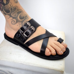 Leather sandals - slipers Men, Thongs BLACK Color, leather sole - insole