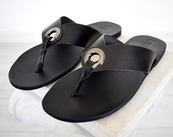 Flip flop heren lederen sandalen, zwarte kleur, cadeau voor mannen, handgemaakte Sparta hoge kwaliteit lederen sandalen,
