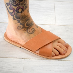 Criss Cross Greek Leather sandals - slipers Men, slide tan/natural, black sandals, leather sole - insole