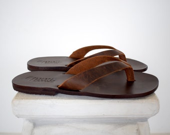 Flip Flop griechischen Ledersandalen - Hausschuhe Männer, Riemen braune Farbe , Ledersohle - Einlegesohle