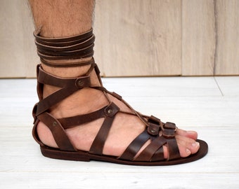 Men sandals, Handcrafted Genuine Brown Leather Roman Gladiator sandals Costume Set LARP