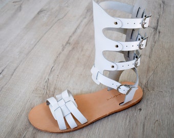 Men’s Leather Gladiator Sandals – Handmade Roman Greek Knee High Buckle Sandals