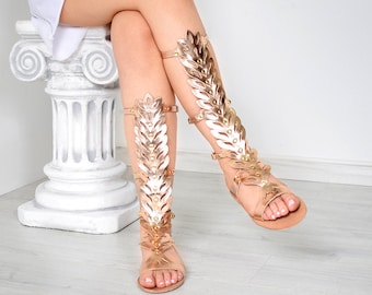 Women's Flat Gladiators Sandals in Rose Gold Leather Handmade for a Bold and Impressive Special Events Outfit - MYKONOS