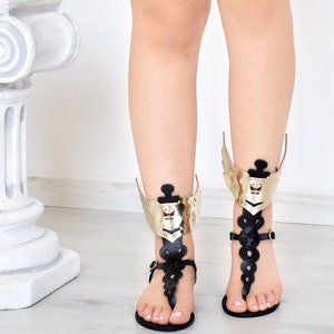 Stylish Women Sandal, Black With Gold, Handmade By Sparta Sandals, High Quality Genuine Leather