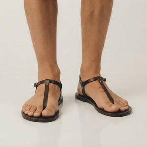 Men’s Greek Leather T-Strap Sandals – Handmade Flat Summer Sandals with Buckle Brown