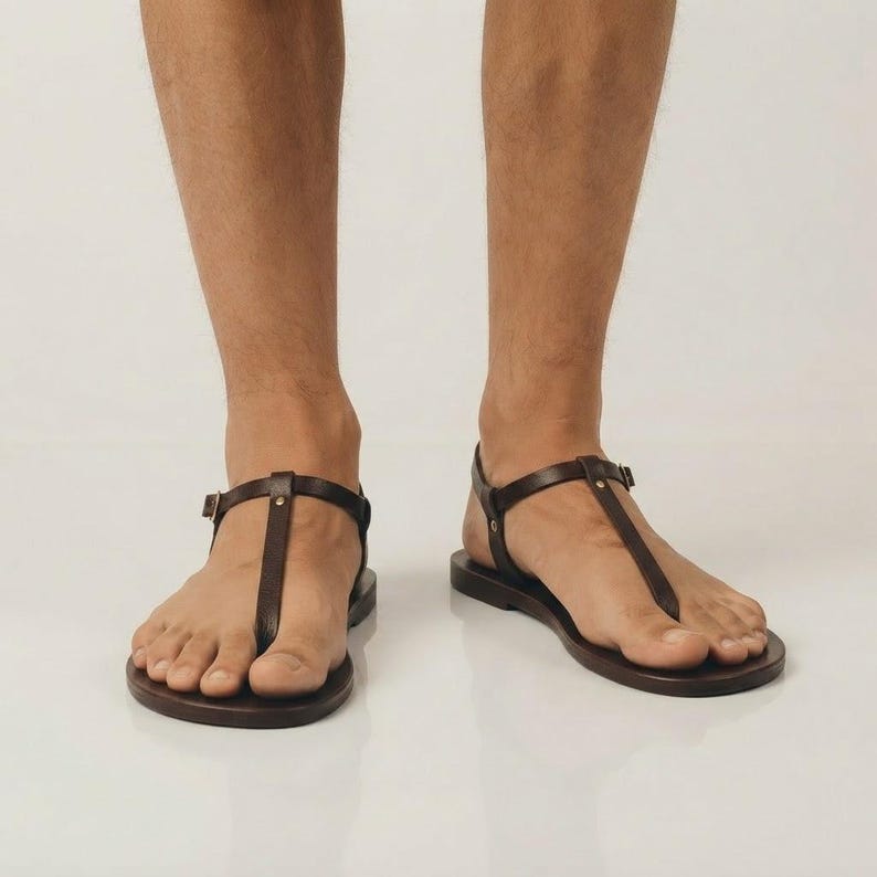 Men’s Greek Leather T-Strap Sandals – Handmade Flat Summer Sandals with Buckle Brown
