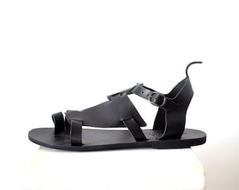 Handgemaakte zwarte leren Griekse sandalen, cadeau voor hem