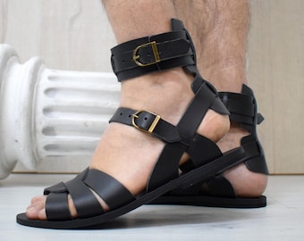 Black Greek Leather Gladiator Sandals for Men, Handmade Ankle Strap Sandals