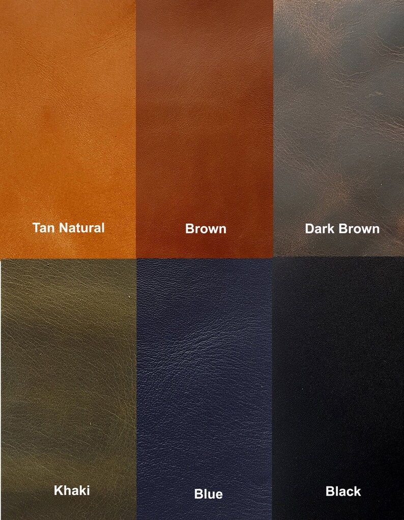 May include: Leather swatches in six colors: tan natural, brown, dark brown, khaki, blue, and black.