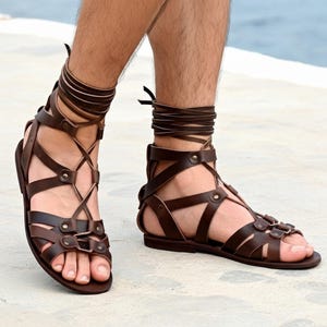 Men sandals, Handcrafted Genuine Brown Leather Roman Gladiator sandals Costume Set LARP