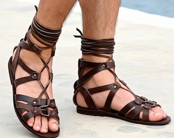 Sandales pour hommes, fabriquées à la main en cuir marron véritable sandales spartiates romaines ensemble de costumes GN