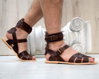 Brown Leather Gladiator Sandals for Men, Handmade Greek Sandals