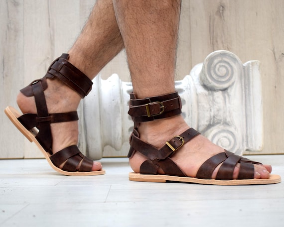 Brown Leather Gladiator Sandals for Men, Handmade Greek Sandals