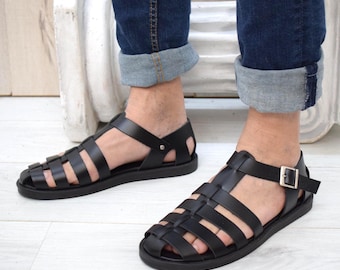 Men’s Greek Leather Fisherman Sandals – Handmade Black Closed-Toe Summer Sandals with Buckle Strap