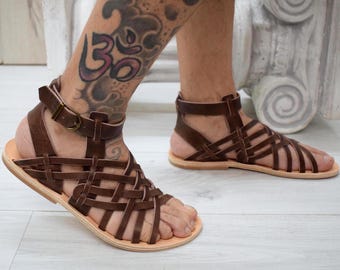 Men’s Spartan Warrior Leather Sandals – Handmade Greek Soldier Gladiator Shoes for Halloween Costume