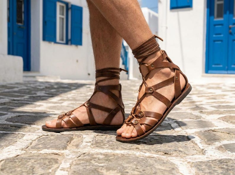 Men sandals, Handcrafted Genuine Brown Leather Roman Gladiator sandals Costume Set LARP imagen 4