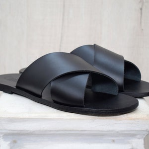 Slides Greek Leather sandals - slipers Men, slide  black, tan/natural Color, leather sole - insole