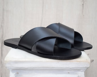 Slides Greek Leather sandals - slipers Men, slide  black, tan/natural Color, leather sole - insole