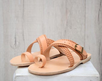 Men's Greek Leather Toe Ring Sandals: Handmade Buckle Flats