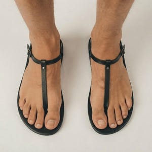 Men’s Greek Leather T-Strap Sandals – Handmade Flat Summer Sandals with Buckle Black
