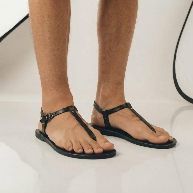 Men’s Greek Leather T-Strap Sandals – Handmade Flat Summer Sandals with Buckle image 12
