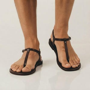 Men’s Greek Leather T-Strap Sandals – Handmade Flat Summer Sandals with Buckle image 9