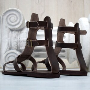 May include: A pair of brown leather gladiator sandals with multiple straps and buckle closures. The sandals have a flat sole and are displayed against a blurred background with a white architectural element.