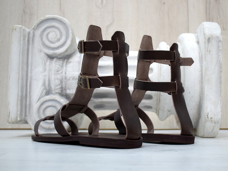 May include: A pair of brown leather gladiator sandals with multiple straps and buckle closures. The sandals have a flat sole and are displayed against a blurred background with a white architectural element.