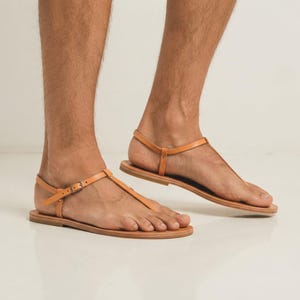 Men’s Greek Leather T-Strap Sandals – Handmade Flat Summer Sandals with Buckle image 3