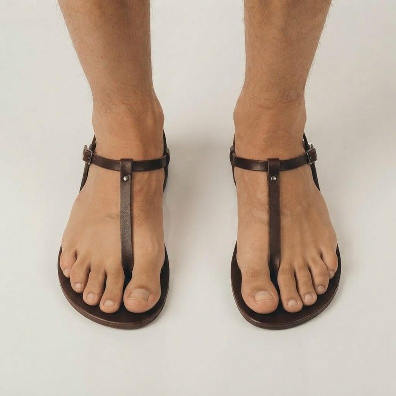 Men’s Greek Leather T-Strap Sandals – Handmade Flat Summer Sandals with Buckle image 10