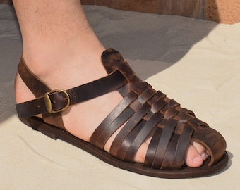 Closed toe fisherman Men Handmade greek sandals High Quality Vegetable tanned Genuine Leather Free shipping Color Brown Man Summer Shoes