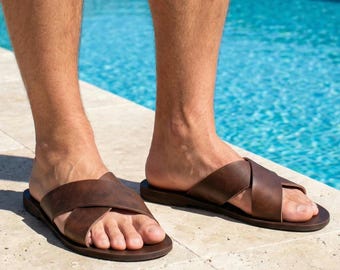 Griechische Ledersandalen für Herren zur Erdung – Handgefertigte, flache Sandalen mit flachem Riemen und ohne Absatz zur Erdung