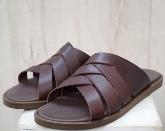 Handmade Men's Brown Leather Sandals – Cross-Strap Slip-On Slides, Comfortable Summer Footwear