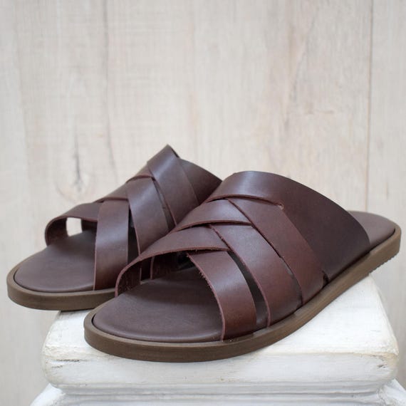 Handmade Men's Brown Leather Sandals – Cross-Strap Slip-On Slides, Comfortable Summer Footwear