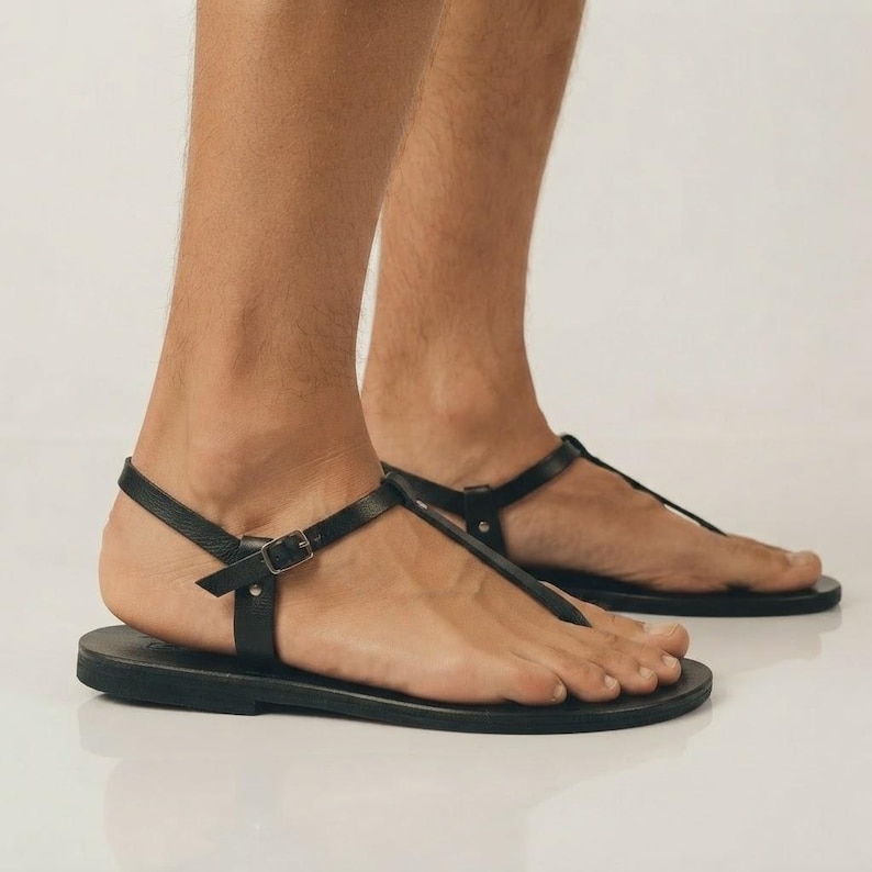 Men’s Greek Leather T-Strap Sandals – Handmade Flat Summer Sandals with Buckle image 11