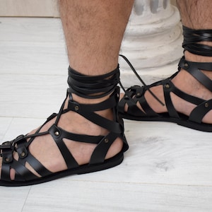 Men sandals, Handcrafted Genuine Brown Leather Roman Gladiator sandals Costume Set LARP Negro