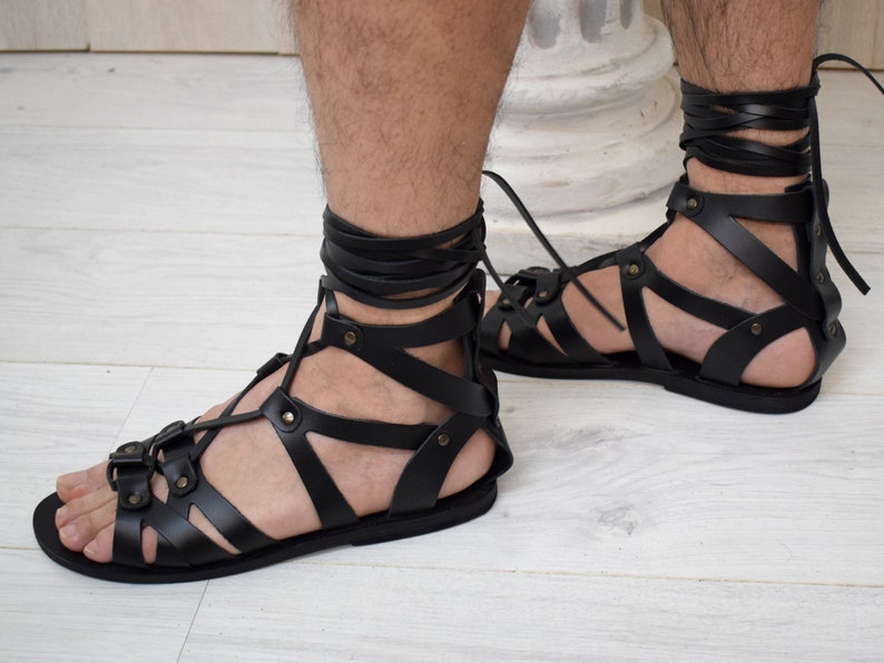 Men sandals, Handcrafted Genuine Brown Leather Roman Gladiator sandals Costume Set LARP Negro