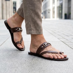 Men’s Greek Leather Sandals / Handmade Brown Toe Loop Slides with Metal Bit Detail