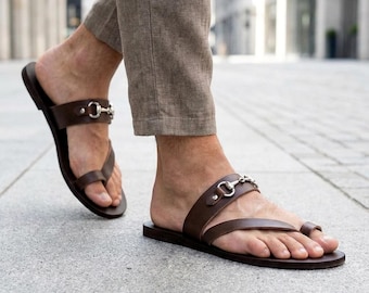 Men’s Greek Leather Sandals / Handmade Brown Toe Loop Slides with Metal Bit Detail