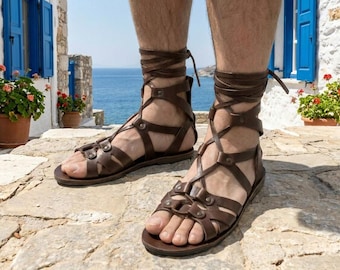 Men sandals, Handcrafted Genuine Brown Leather Roman Gladiator sandals Costume Set LARP
