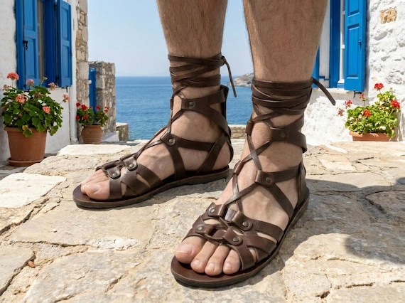 Men sandals, Handcrafted Genuine Brown Leather Roman Gladiator sandals Costume Set LARP