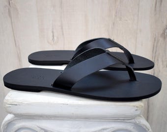 Tongs pour hommes en cuir noir, style sparte grec fait main