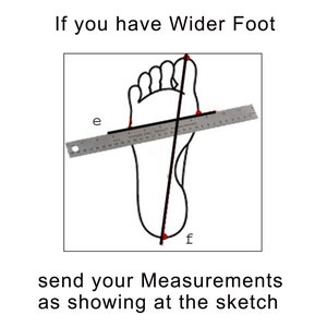 Op de afbeelding: Diagram met uitleg over het meten van een bredere voet. Een voetomtrek wordt getoond met een liniaal die de breedte meet. Tekst: "If you have Wider Foot, send your Measurements as showing at the sketch."