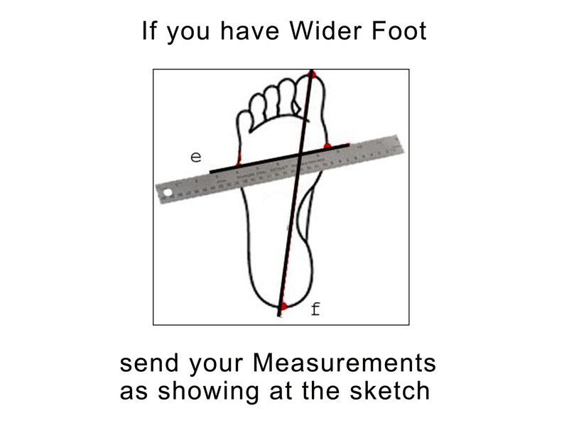 Op de afbeelding: Diagram met uitleg over het meten van een bredere voet. Een voetomtrek wordt getoond met een liniaal die de breedte meet. Tekst: "If you have Wider Foot, send your Measurements as showing at the sketch."