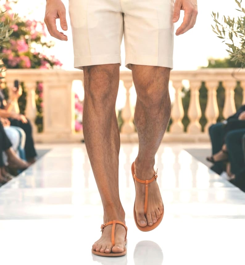 Men’s Greek Leather T-Strap Sandals – Handmade Flat Summer Sandals with Buckle image 1