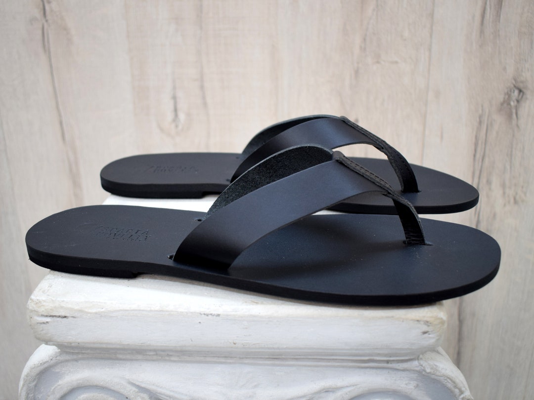 Black Flip Flop Greek Leather Sandals Men Brown Color Gift - Etsy