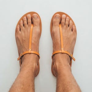 Men’s Greek Leather T-Strap Sandals – Handmade Flat Summer Sandals with Buckle image 2