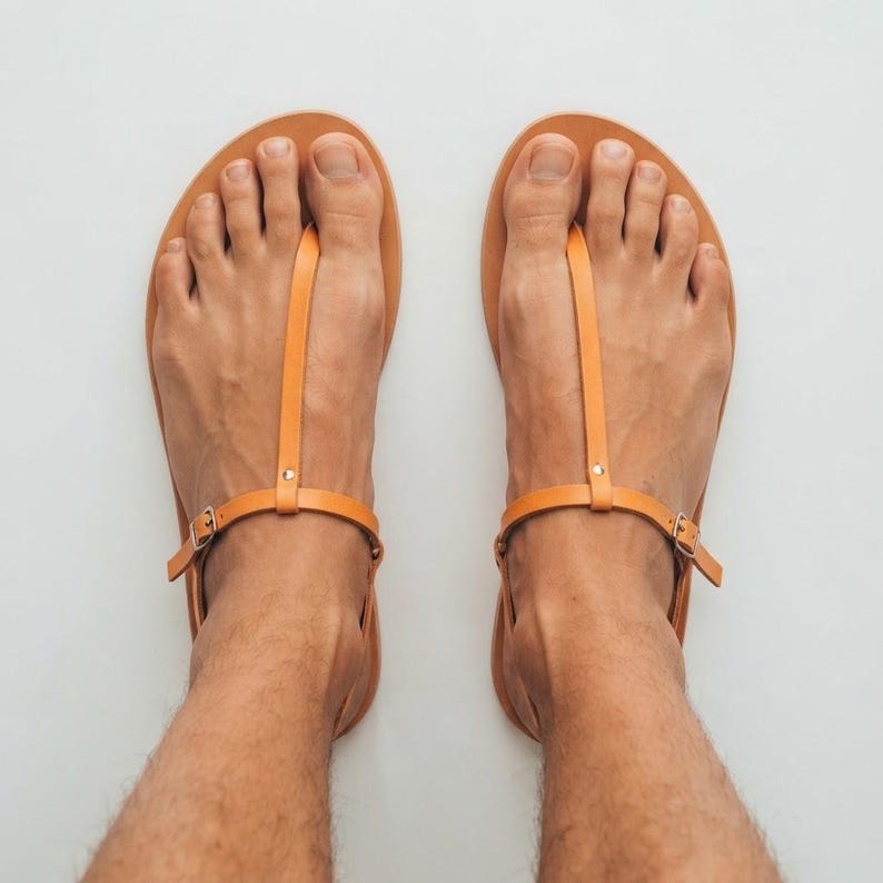 Men’s Greek Leather T-Strap Sandals – Handmade Flat Summer Sandals with Buckle image 2
